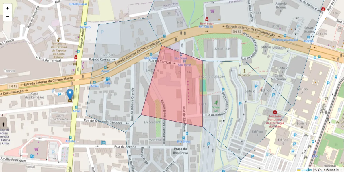 Mapa detalhado do código postal 4200-487 com limites, códigos postais vizinhos e agências dos correios