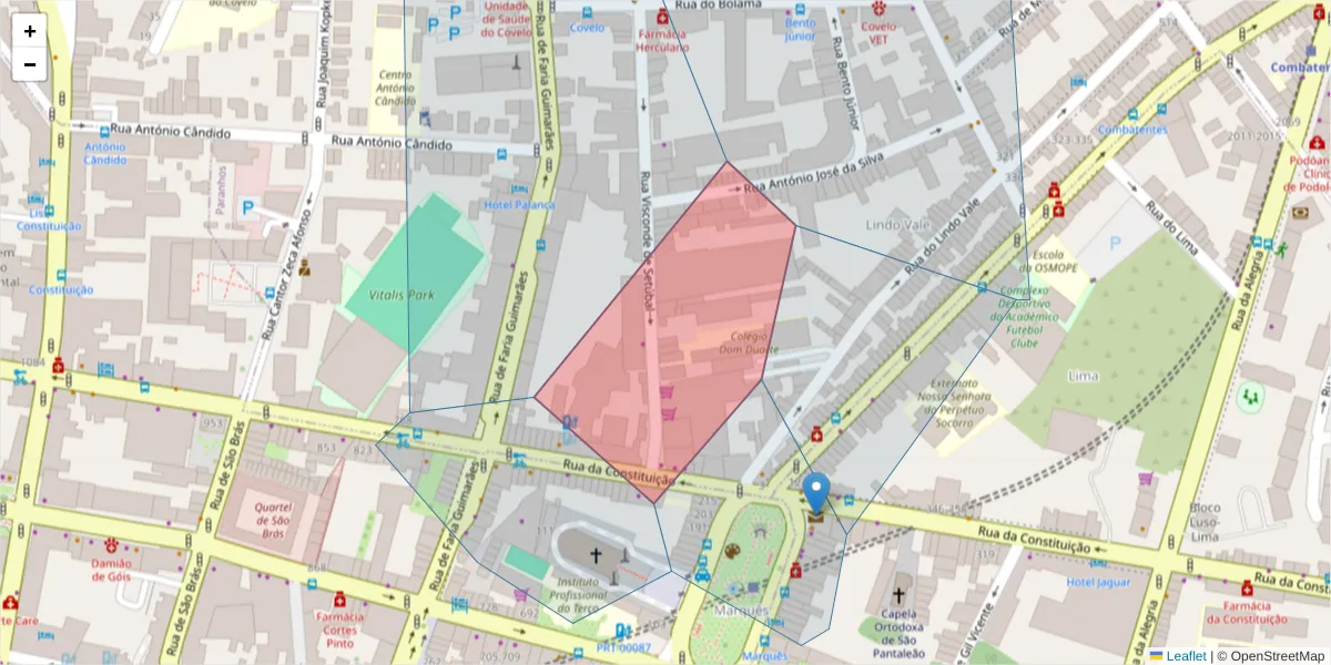 Mapa detalhado do código postal 4200-497 com limites, códigos postais vizinhos e agências dos correios