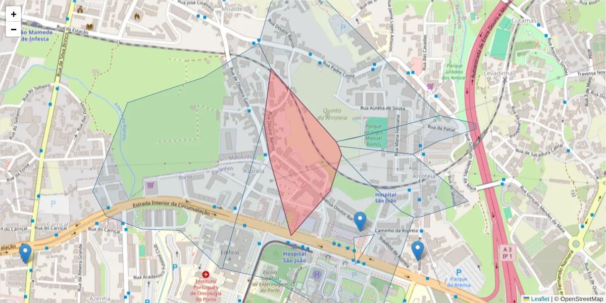 Mapa detalhado do código postal 4200-537 com limites, códigos postais vizinhos e agências dos correios