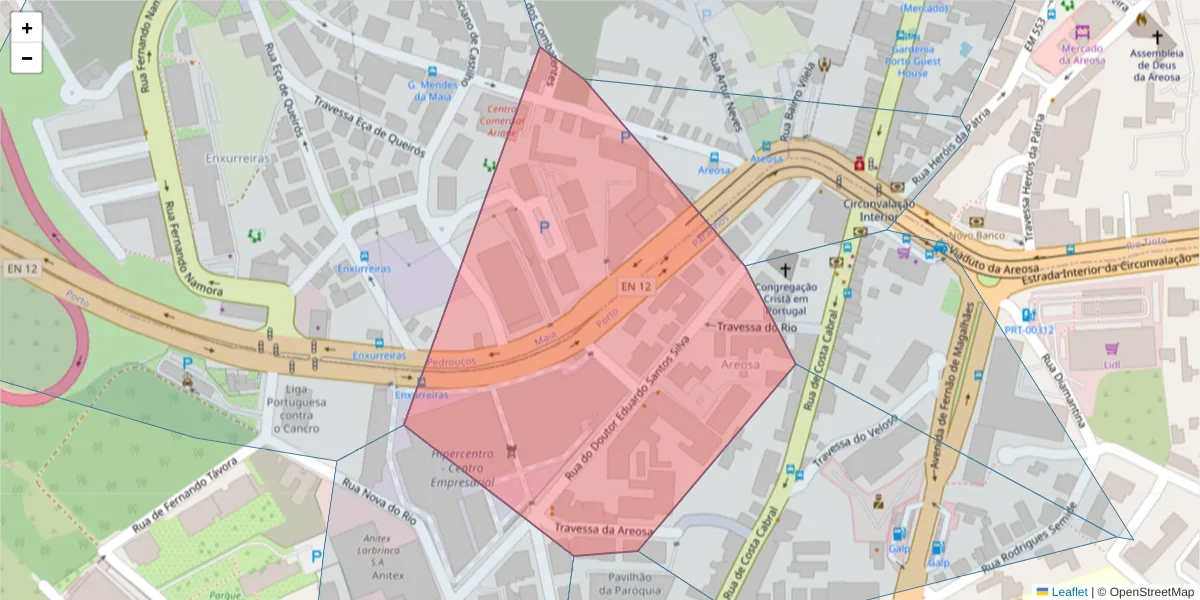 Mapa detalhado do código postal 4200-601 com limites, códigos postais vizinhos e agências dos correios
