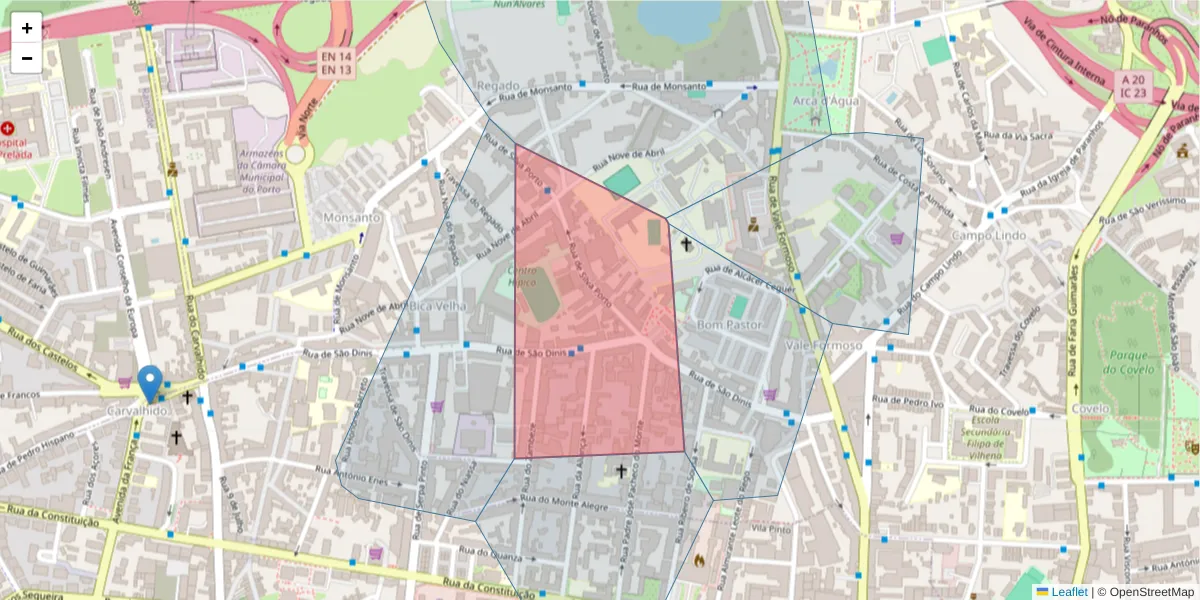 Mapa detalhado do código postal 4250-079 com limites, códigos postais vizinhos e agências dos correios