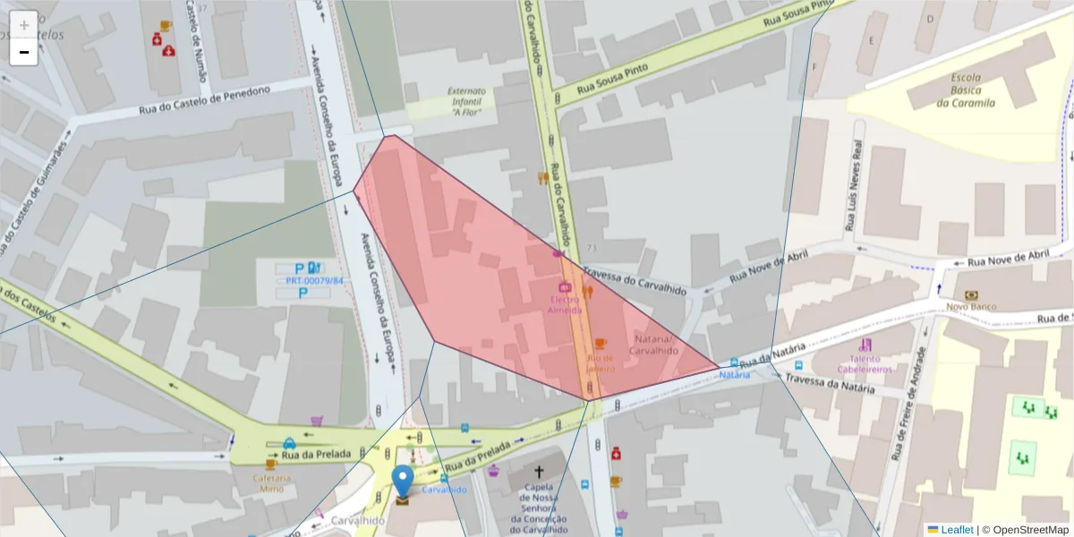Mapa detalhado do código postal 4250-102 com limites, códigos postais vizinhos e agências dos correios