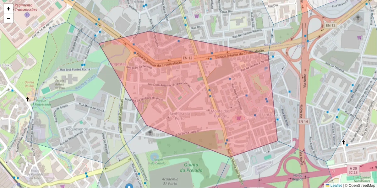 Mapa detalhado do código postal 4250-151 com limites, códigos postais vizinhos e agências dos correios