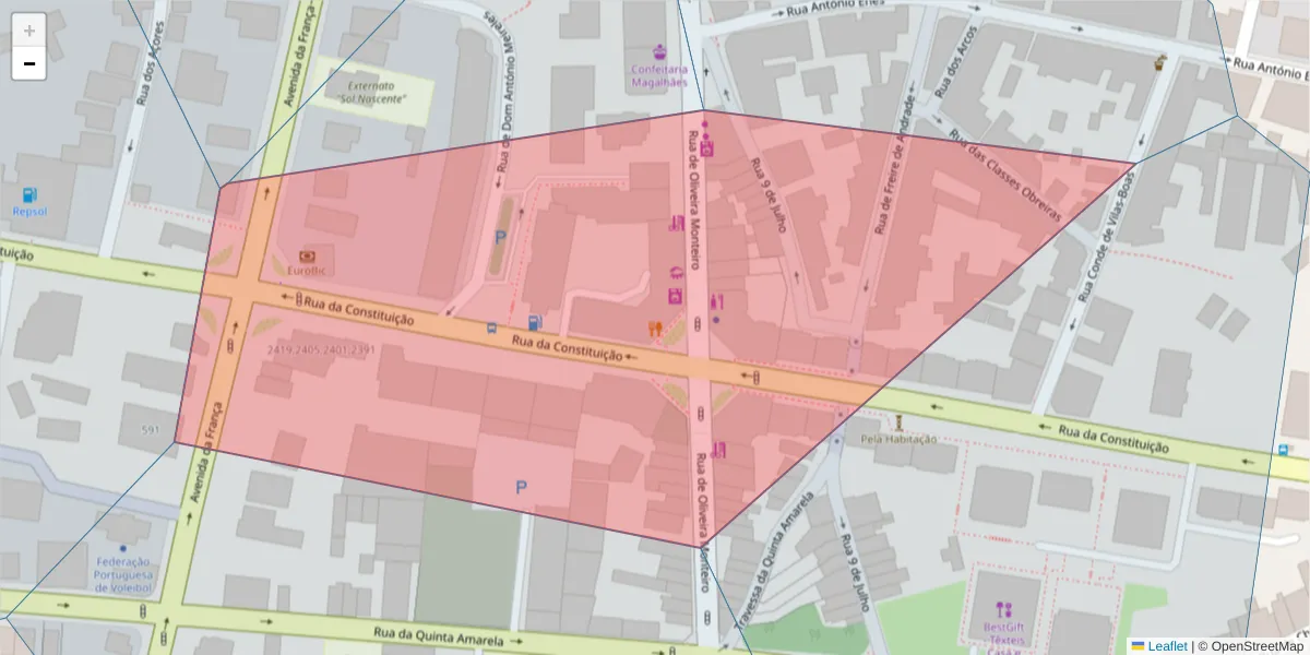 Mapa detalhado do código postal 4250-164 com limites, códigos postais vizinhos e agências dos correios