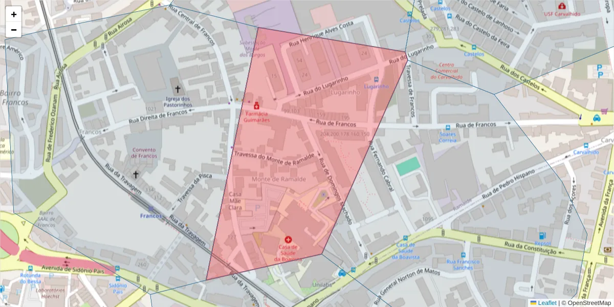 Mapa detalhado do código postal 4250-198 com limites, códigos postais vizinhos e agências dos correios
