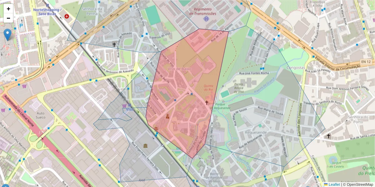 Mapa detalhado do código postal 4250-206 com limites, códigos postais vizinhos e agências dos correios