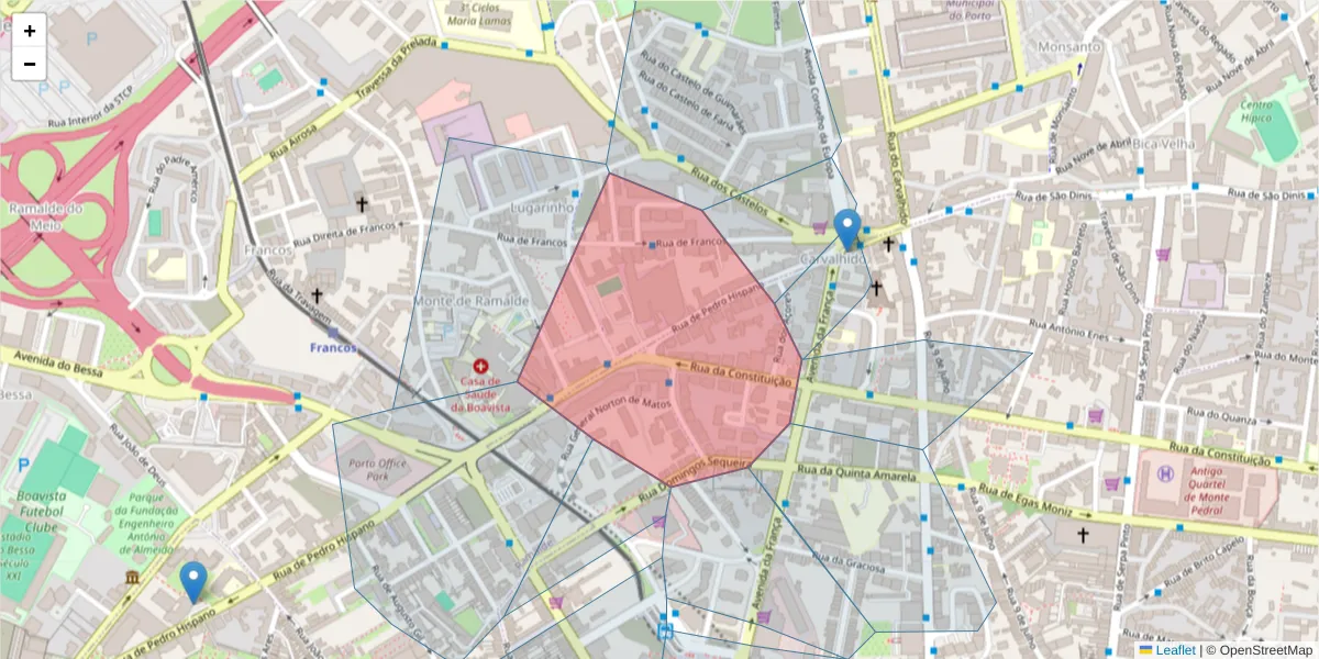 Mapa detalhado do código postal 4250-365 com limites, códigos postais vizinhos e agências dos correios