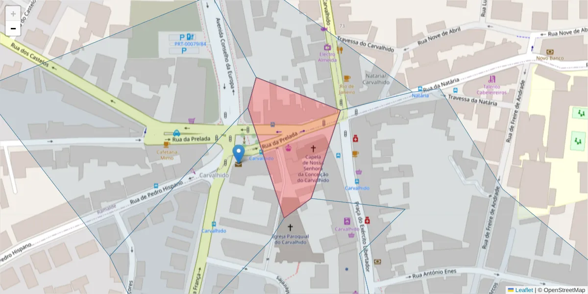 Mapa detalhado do código postal 4250-375 com limites, códigos postais vizinhos e agências dos correios