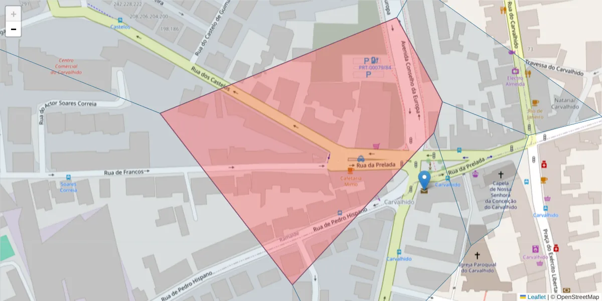 Mapa detalhado do código postal 4250-376 com limites, códigos postais vizinhos e agências dos correios