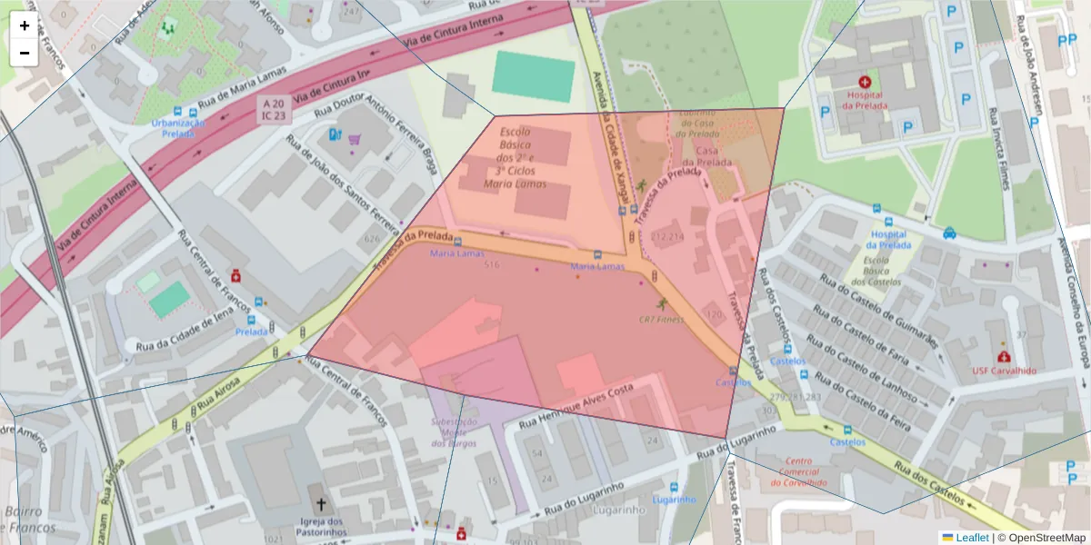 Mapa detalhado do código postal 4250-380 com limites, códigos postais vizinhos e agências dos correios