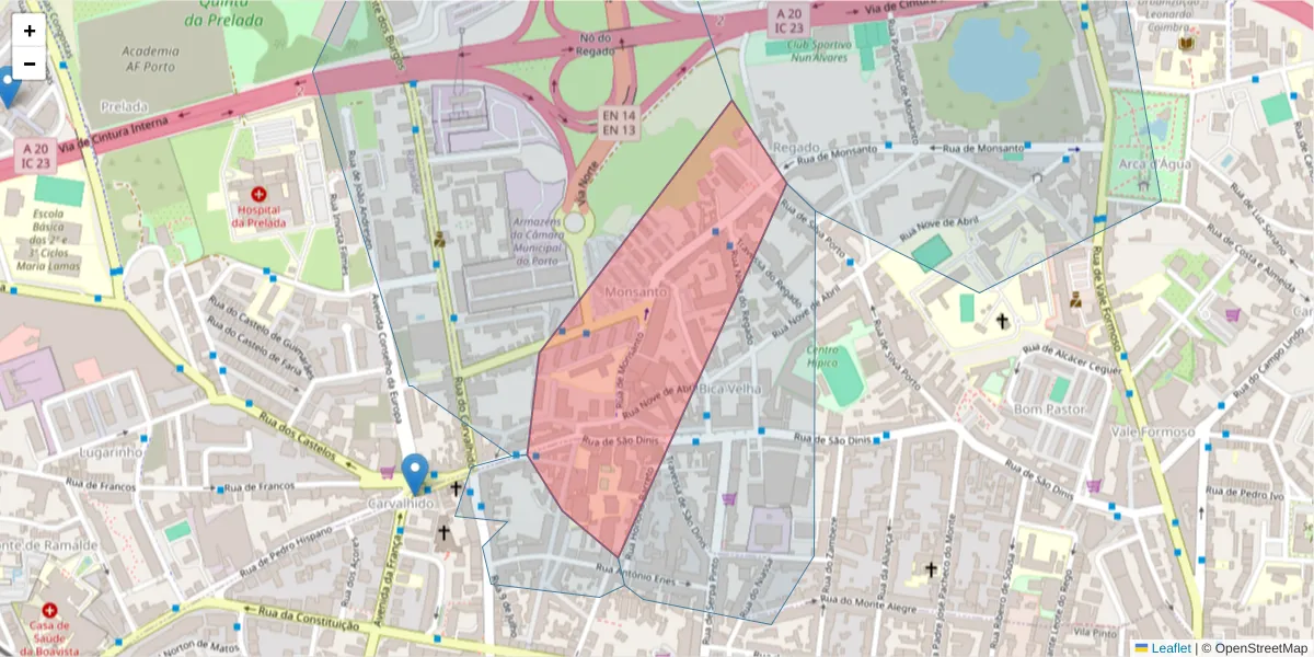 Mapa detalhado do código postal 4250-433 com limites, códigos postais vizinhos e agências dos correios
