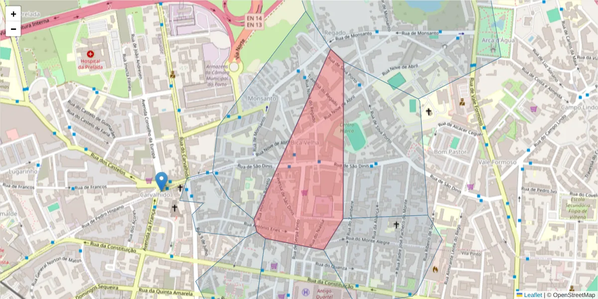 Mapa detalhado do código postal 4250-465 com limites, códigos postais vizinhos e agências dos correios