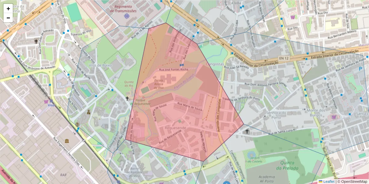Mapa detalhado do código postal 4250-550 com limites, códigos postais vizinhos e agências dos correios
