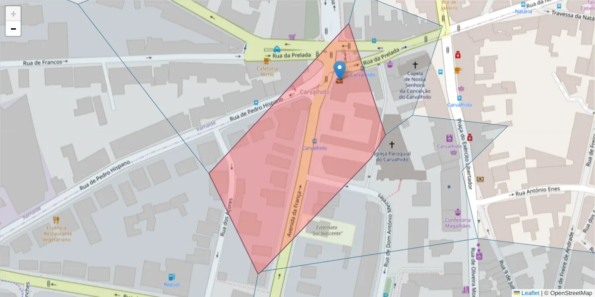 Mapa detalhado do código postal 4250-999 com limites, códigos postais vizinhos e agências dos correios