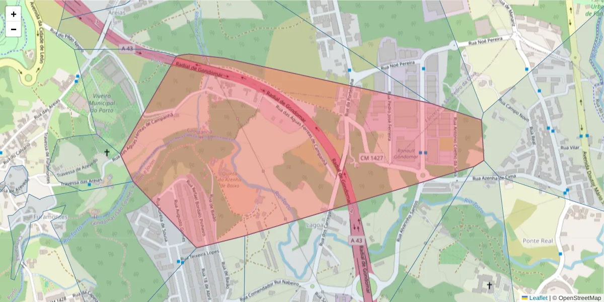 Mapa detalhado do código postal 4300-013 com limites, códigos postais vizinhos e agências dos correios