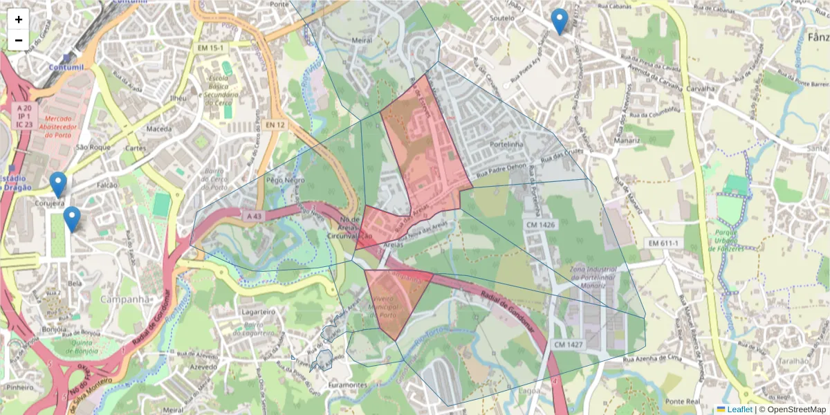Mapa detalhado do código postal 4300-015 com limites, códigos postais vizinhos e agências dos correios