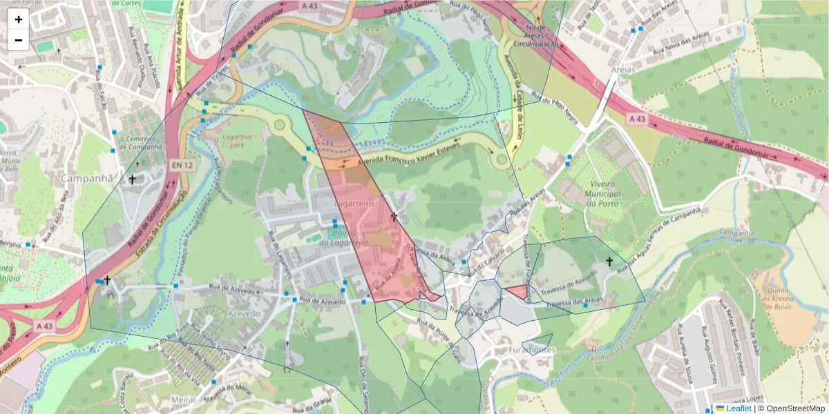 Mapa detalhado do código postal 4300-053 com limites, códigos postais vizinhos e agências dos correios
