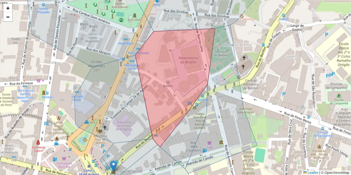Mapa detalhado do código postal 4300-070 com limites, códigos postais vizinhos e agências dos correios