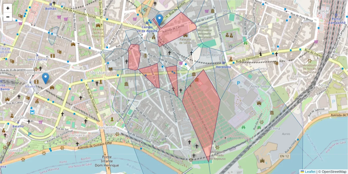 Mapa detalhado do código postal 4300-096 com limites, códigos postais vizinhos e agências dos correios