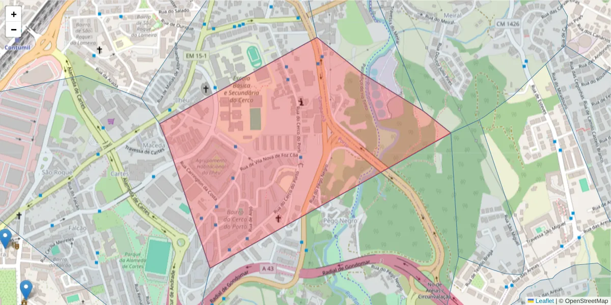 Mapa detalhado do código postal 4300-119 com limites, códigos postais vizinhos e agências dos correios