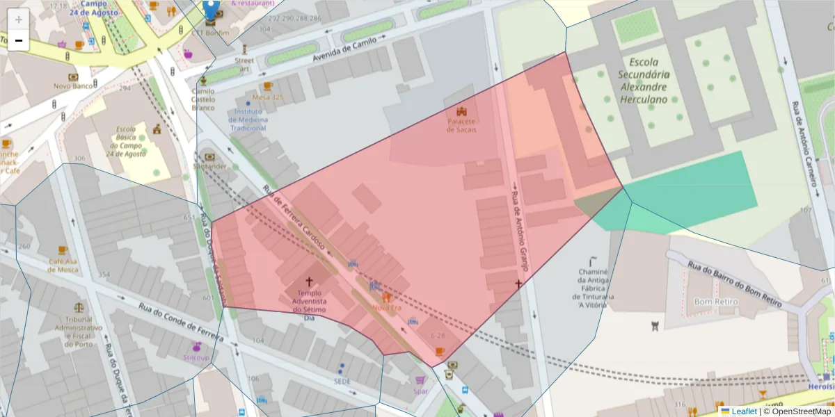 Mapa detalhado do código postal 4300-197 com limites, códigos postais vizinhos e agências dos correios
