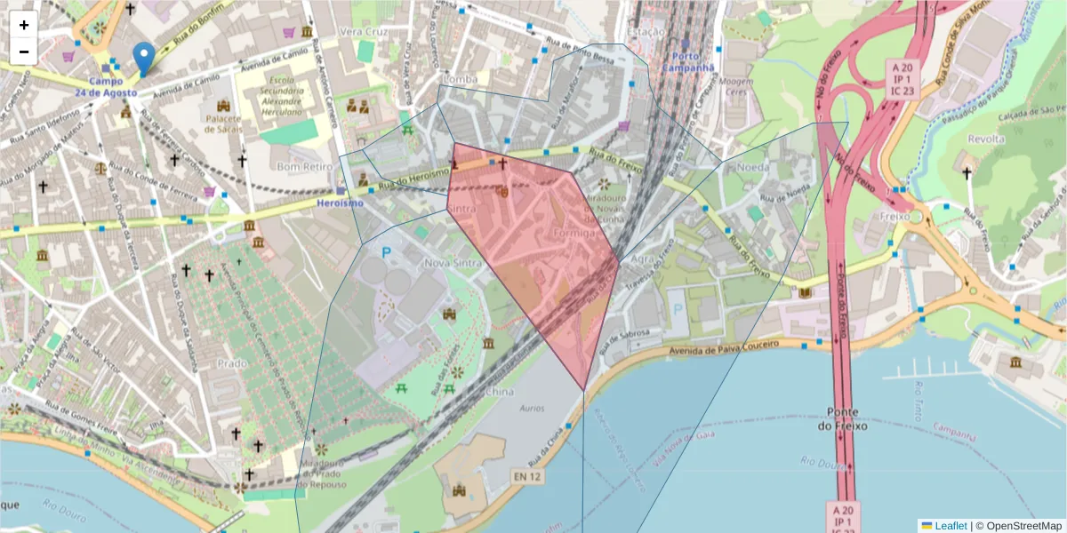 Mapa detalhado do código postal 4300-207 com limites, códigos postais vizinhos e agências dos correios