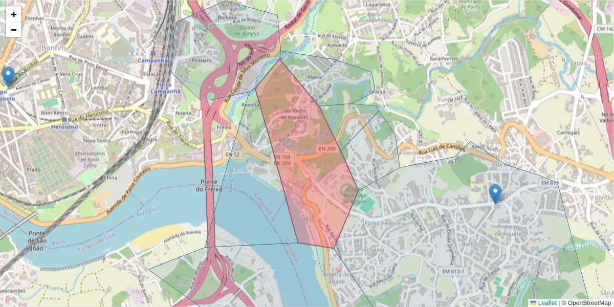Mapa detalhado do código postal 4300-216 com limites, códigos postais vizinhos e agências dos correios
