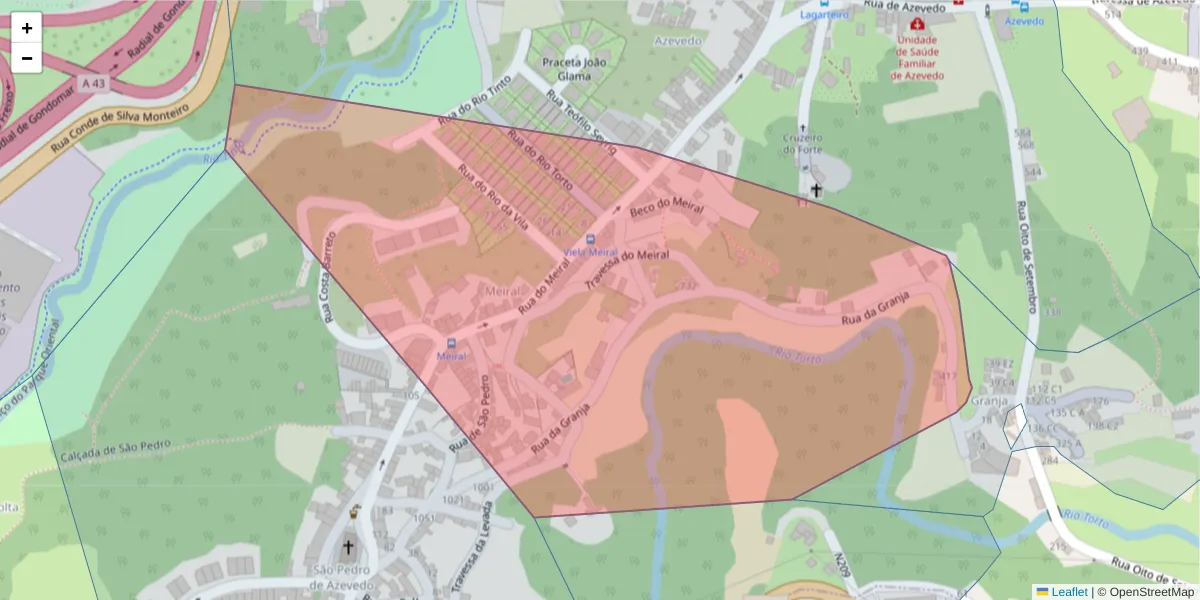 Mapa detalhado do código postal 4300-249 com limites, códigos postais vizinhos e agências dos correios