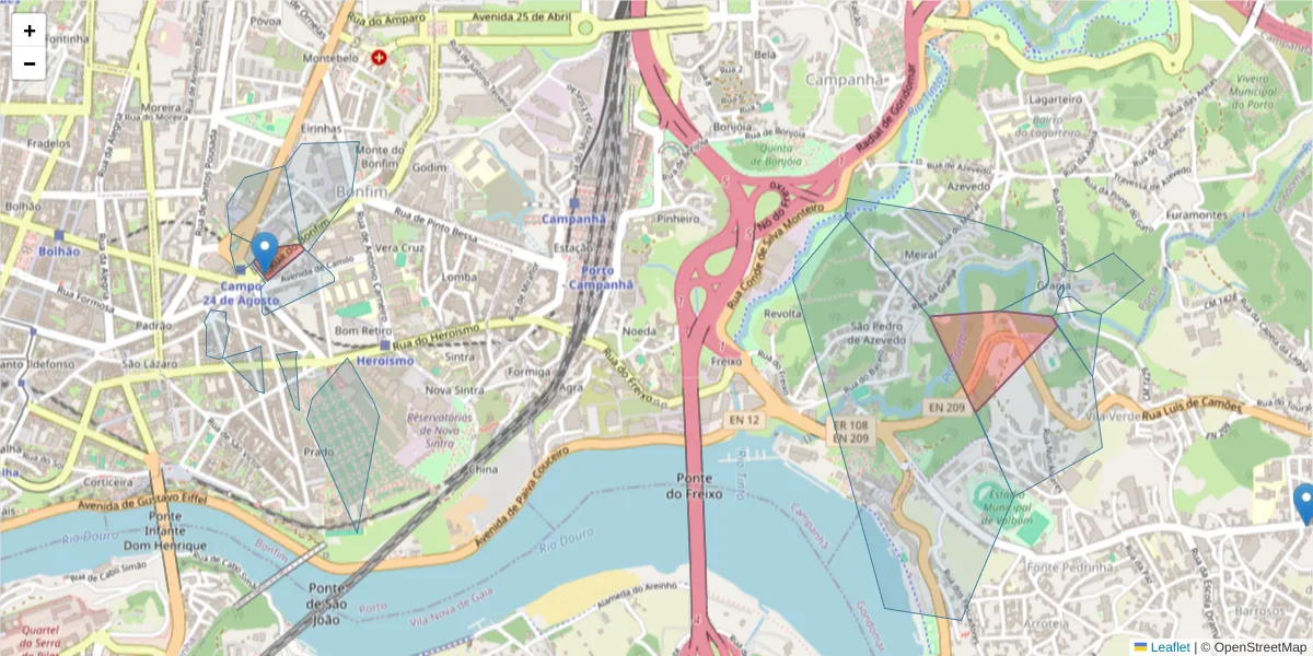 Mapa detalhado do código postal 4300-295 com limites, códigos postais vizinhos e agências dos correios