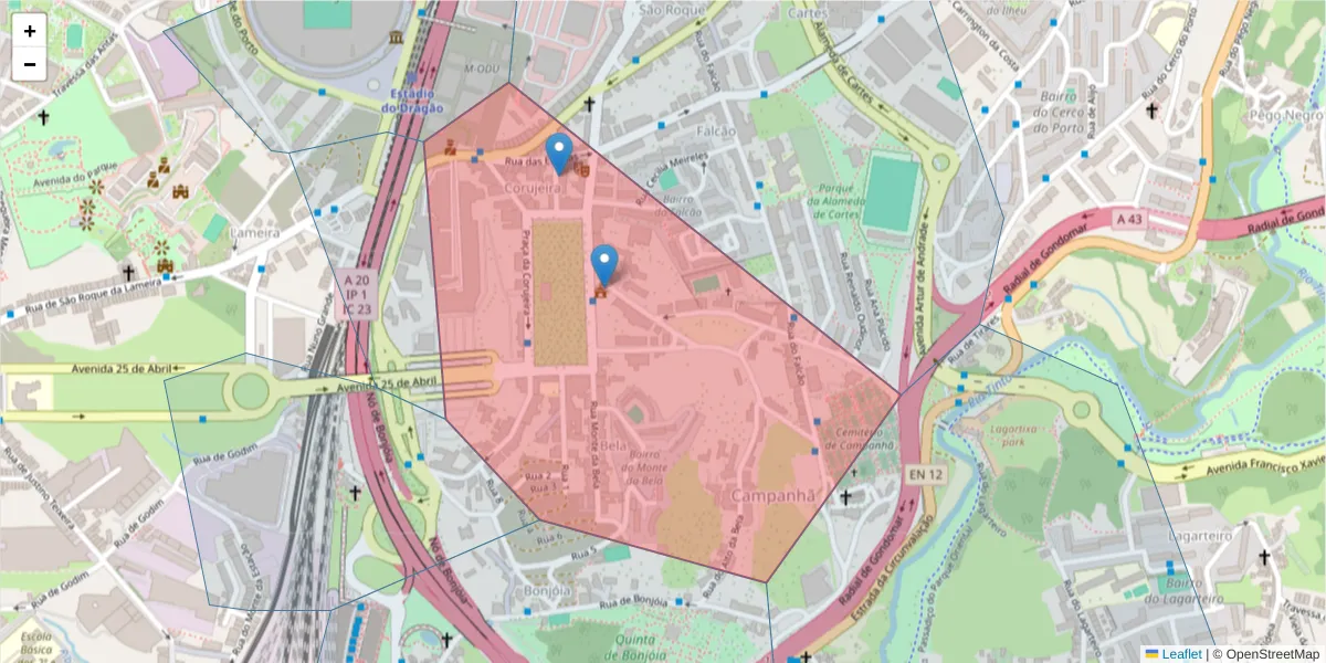 Mapa detalhado do código postal 4300-360 com limites, códigos postais vizinhos e agências dos correios