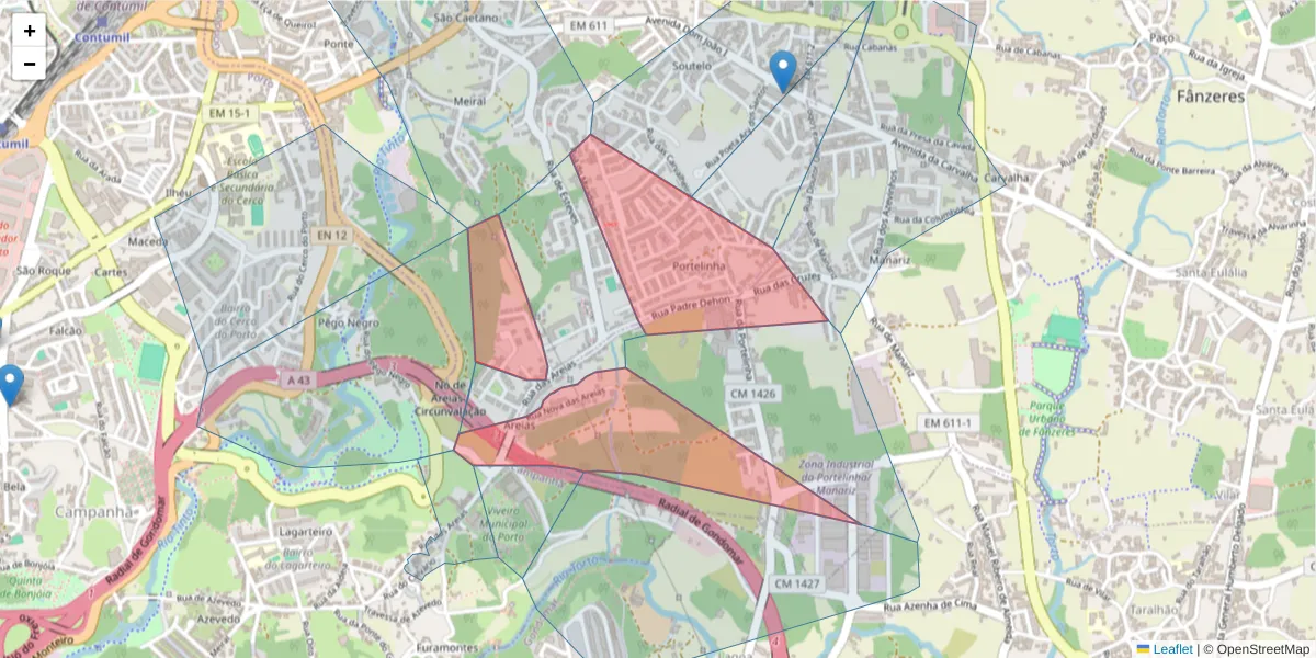 Mapa detalhado do código postal 4300-362 com limites, códigos postais vizinhos e agências dos correios