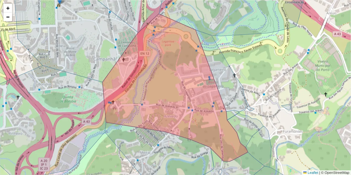 Mapa detalhado do código postal 4300-377 com limites, códigos postais vizinhos e agências dos correios