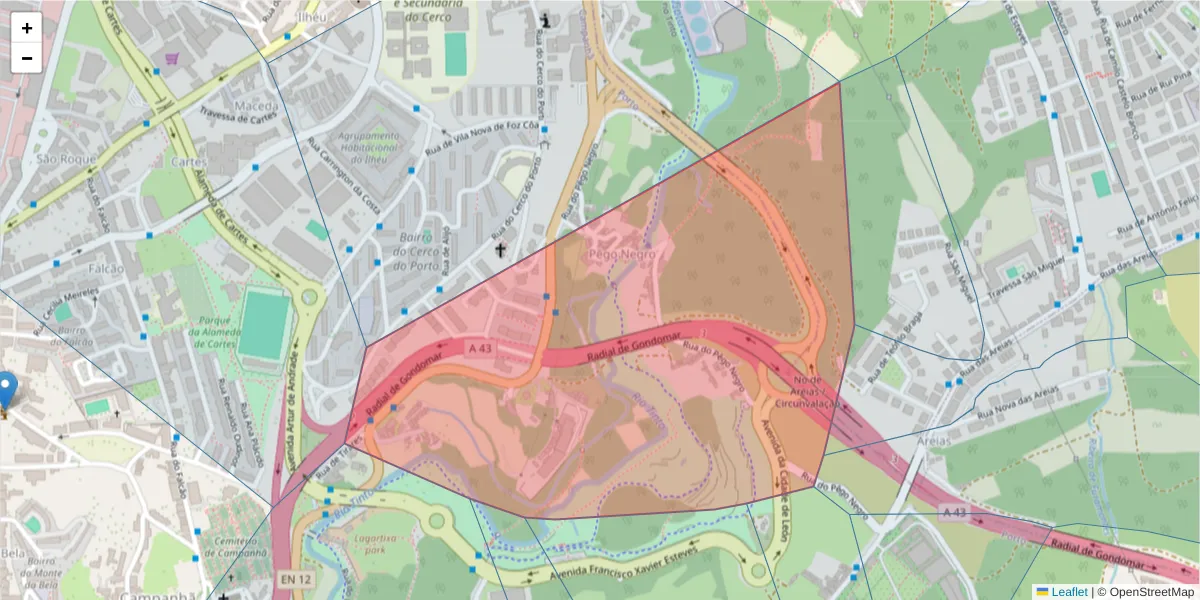 Mapa detalhado do código postal 4300-405 com limites, códigos postais vizinhos e agências dos correios
