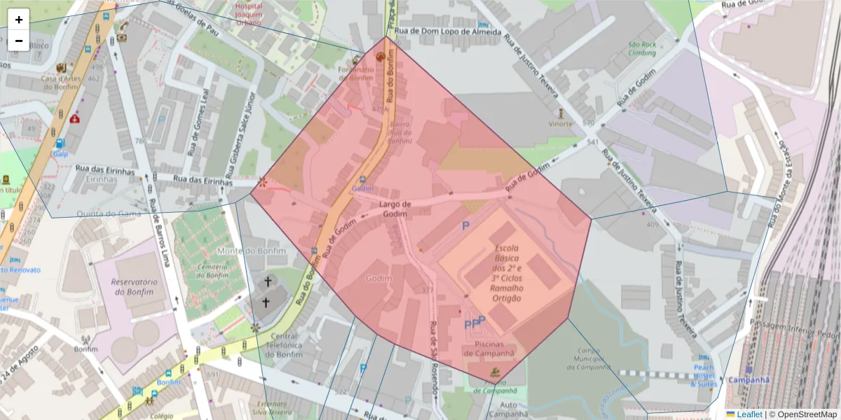 Mapa detalhado do código postal 4300-478 com limites, códigos postais vizinhos e agências dos correios