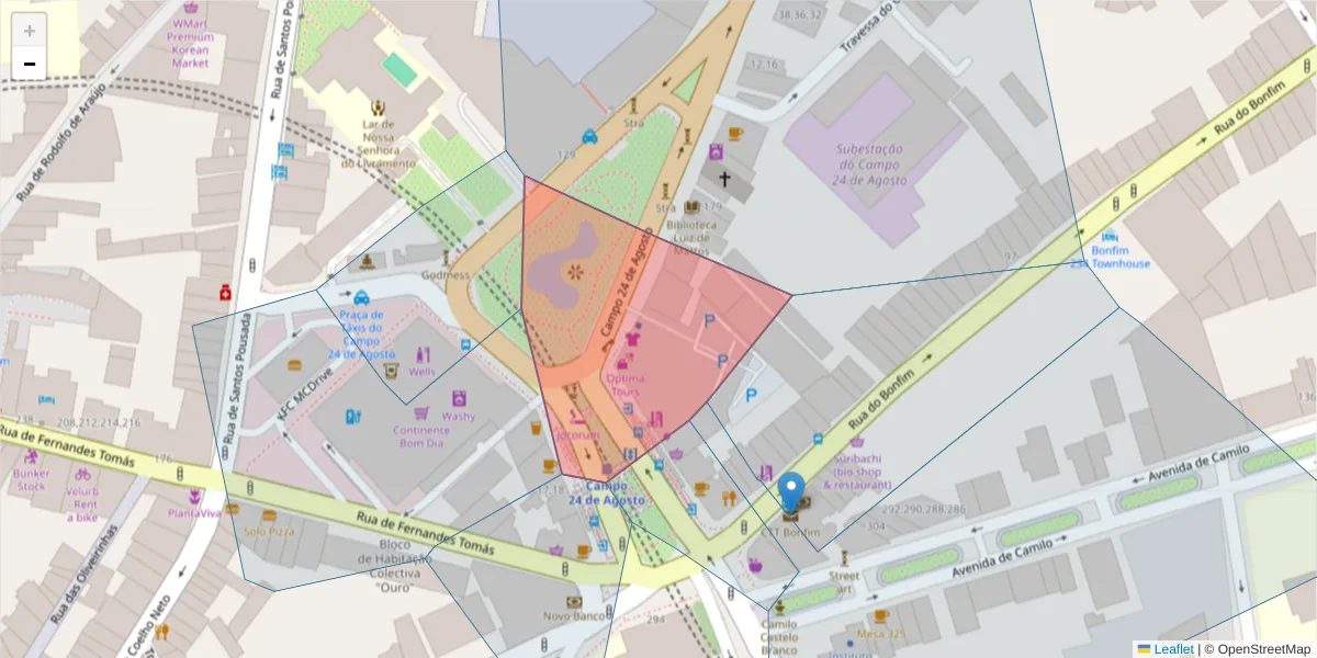 Mapa detalhado do código postal 4300-505 com limites, códigos postais vizinhos e agências dos correios
