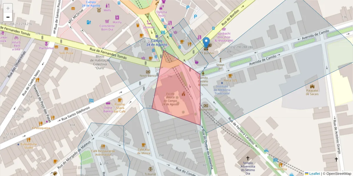 Mapa detalhado do código postal 4300-506 com limites, códigos postais vizinhos e agências dos correios