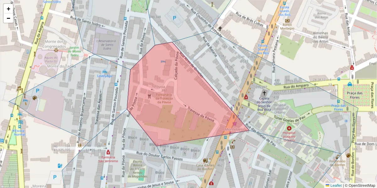 Mapa detalhado do código postal 4350-164 com limites, códigos postais vizinhos e agências dos correios