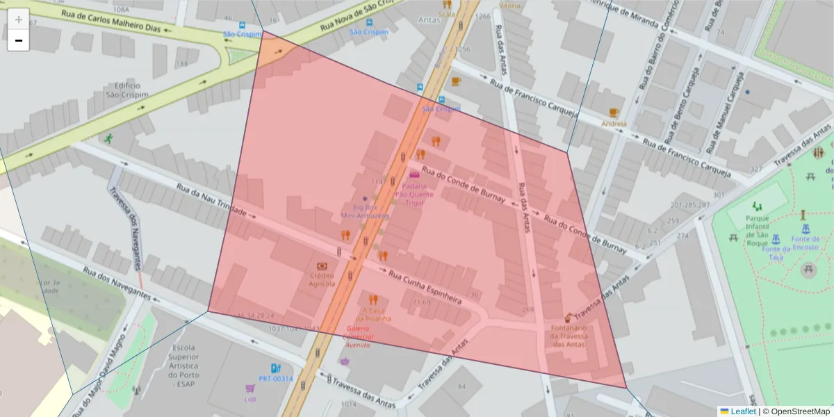 Mapa detalhado do código postal 4350-169 com limites, códigos postais vizinhos e agências dos correios