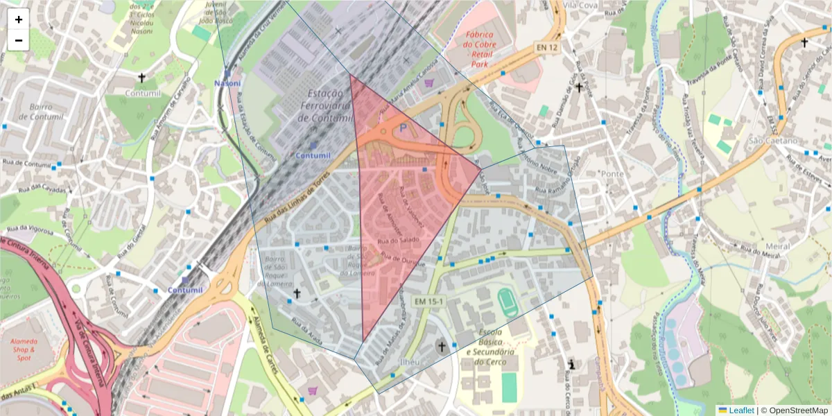 Mapa detalhado do código postal 4350-250 com limites, códigos postais vizinhos e agências dos correios