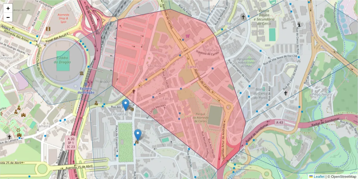 Mapa detalhado do código postal 4350-302 com limites, códigos postais vizinhos e agências dos correios