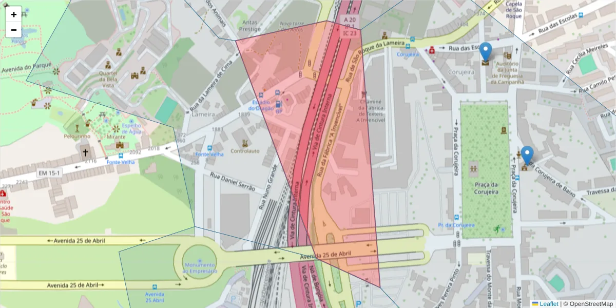 Mapa detalhado do código postal 4350-307 com limites, códigos postais vizinhos e agências dos correios