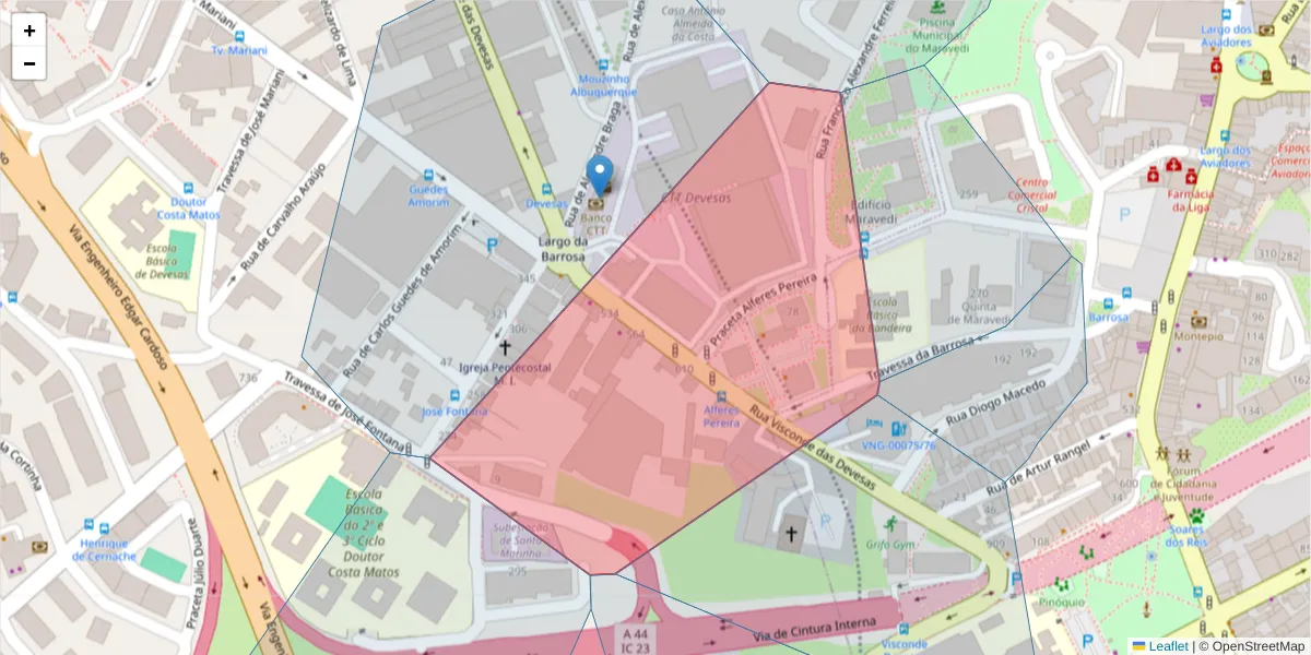 Mapa detalhado do código postal 4400-009 com limites, códigos postais vizinhos e agências dos correios