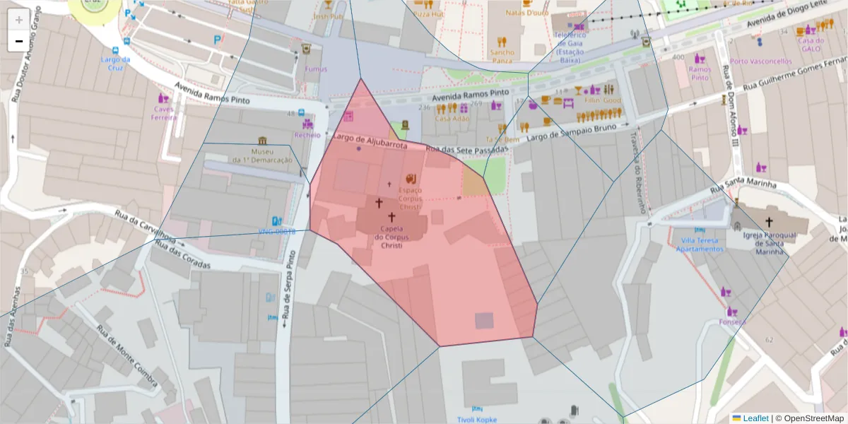Mapa detalhado do código postal 4400-012 com limites, códigos postais vizinhos e agências dos correios