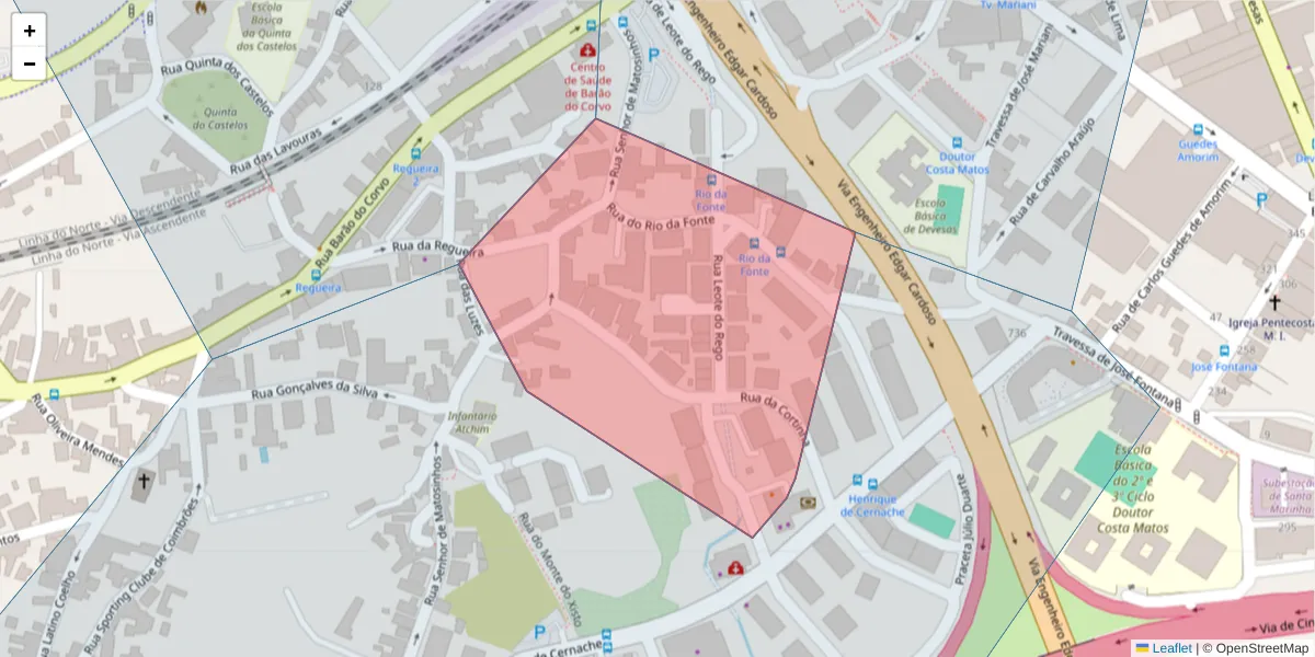 Mapa detalhado do código postal 4400-014 com limites, códigos postais vizinhos e agências dos correios
