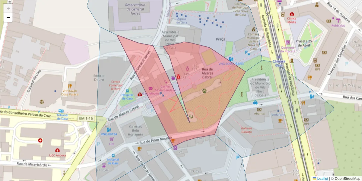 Mapa detalhado do código postal 4400-017 com limites, códigos postais vizinhos e agências dos correios