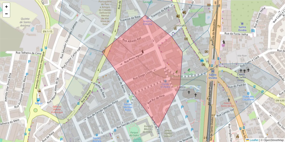 Mapa detalhado do código postal 4400-025 com limites, códigos postais vizinhos e agências dos correios