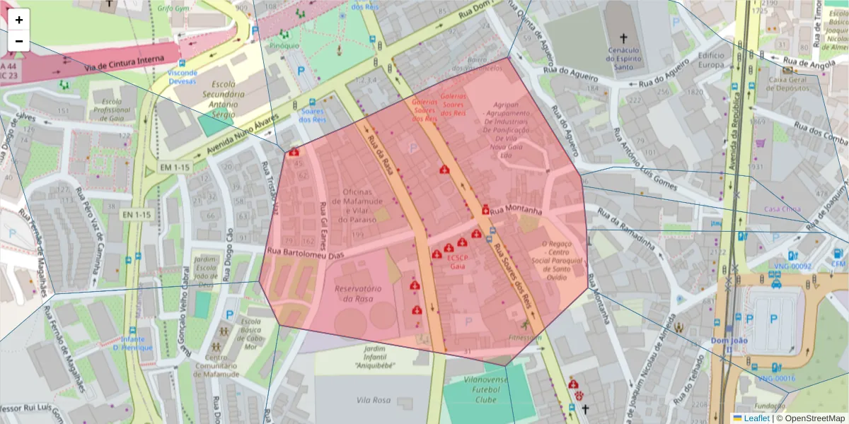 Mapa detalhado do código postal 4400-043 com limites, códigos postais vizinhos e agências dos correios