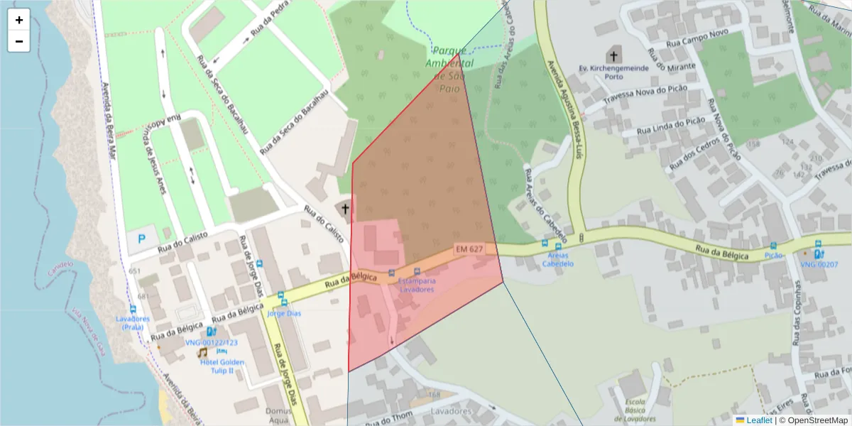 Mapa detalhado do código postal 4400-044 com limites, códigos postais vizinhos e agências dos correios