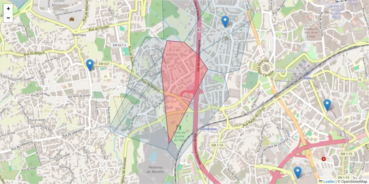 Mapa detalhado do código postal 4400-049 com limites, códigos postais vizinhos e agências dos correios