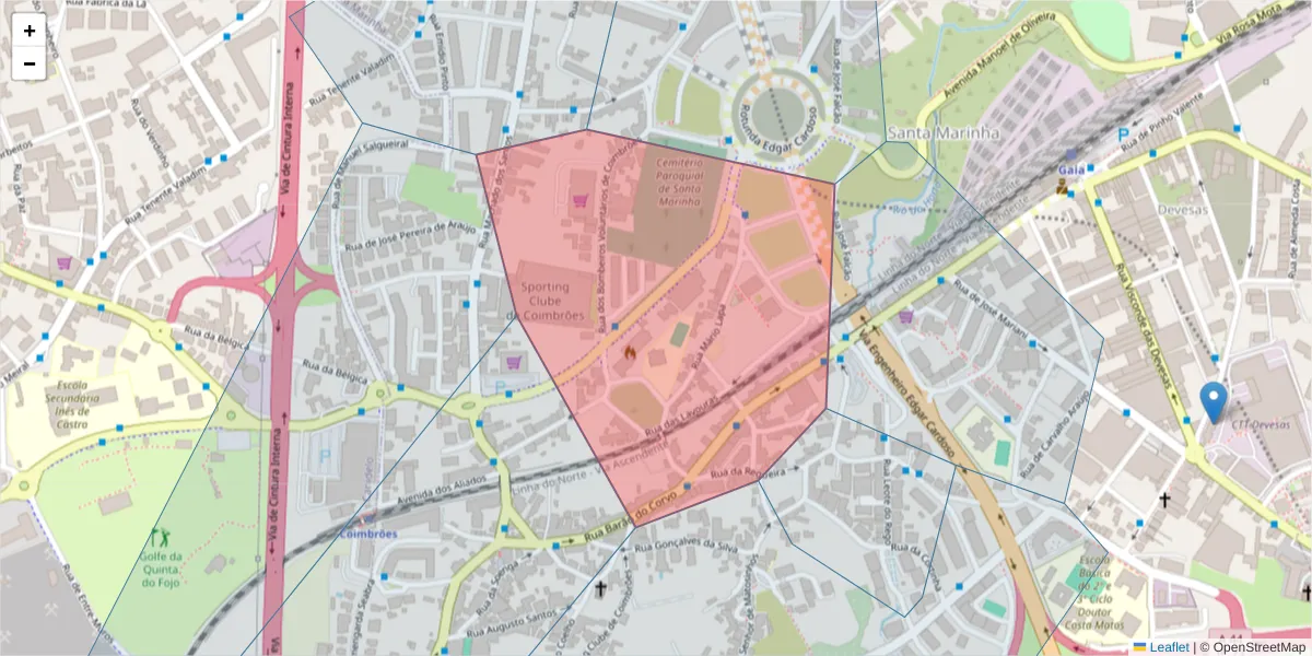 Mapa detalhado do código postal 4400-057 com limites, códigos postais vizinhos e agências dos correios